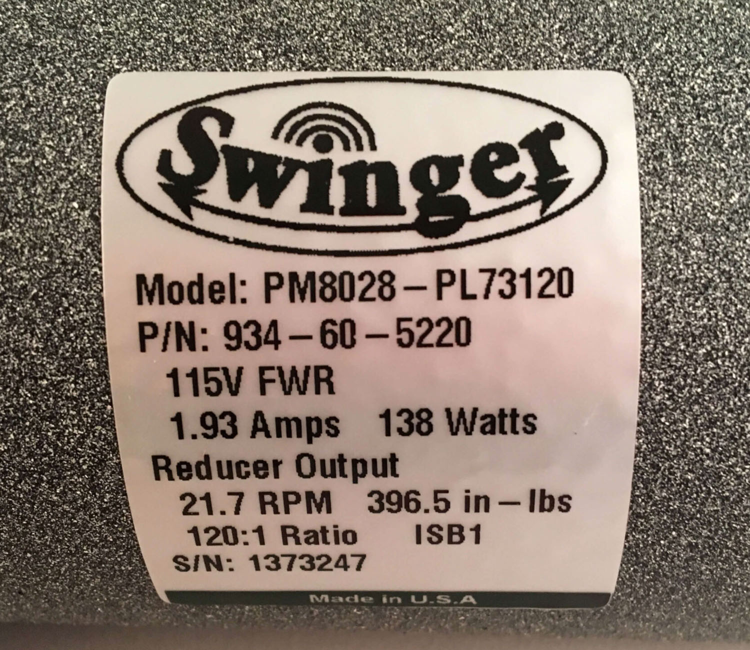 Replacement 12v Motor - PM8028 - Gen II - Swinger MFG